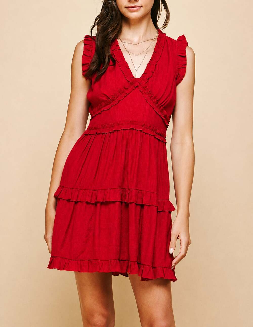 NWT PINCH Sleeveless V-Neck Tiered Ruffle Mini Dress Red Small